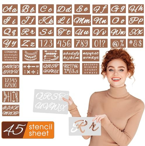 Buchstaben Schablone zum Malen auf Holz, Kalligraphie-Buchstaben und Zahlenschablonen mit Satzzeichen und dekorativem Kranz zum Erstellen personalisierter Schilder, Dekorieren von Möbeln und anderen