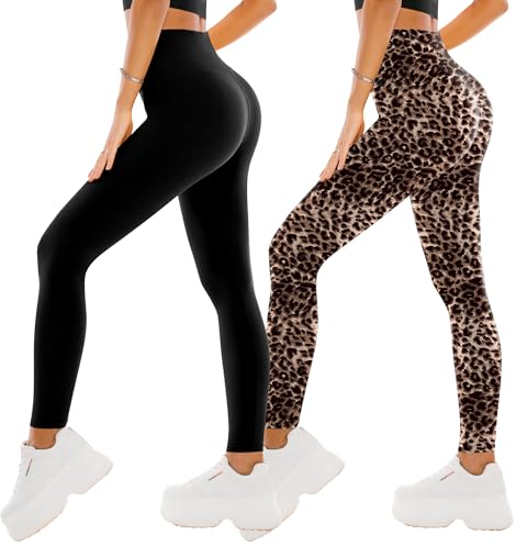 SINOPHANT 2er Pack Leggings Damen High Waist - Sportleggins Elastisch Yogahose Blickdicht Fitness Gym Yoga(2 Schwarz/Leopard,XXL)