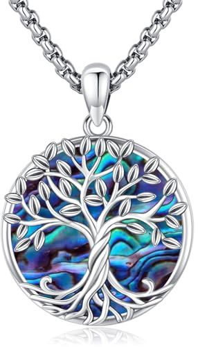 LOOVE Tree of Life Necklace for Women Sterling Silver Crescent Moon Tree Moonstone Turquoise Pendant Heart Family Tree Necklace for Mother Daughter Sister Girls Gifts