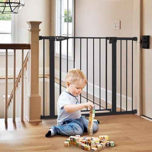 COMOMY 75-110cm Treppenschutzgitter Ohne Bohren, Türschutzgitter Auto Close, Türgitter für Baby, Kinder, Hund und Katze, Absperrgitter 90° Stop/ inkl. 3 Verlängerung (76cm Hoch, Schwarz)