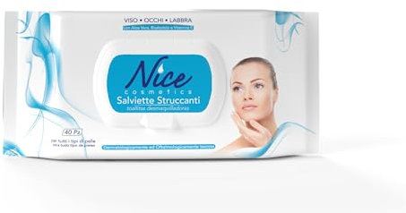 Nice Salviette Struccanti per Viso, Occhi e Labbra, con Aloe Vera, Bisabololo e Vitamina E, Dermatologicamente e Oftalmologicamente Testate, Confezione da 40 Salviette