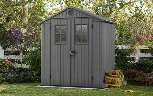 Keter Darwin Gartenhaus 6x4, wetterfest aus Kunststoff mit Holzoptik, abschließbares Gerätehaus, Satteldach, 190x122x221 cm, grau