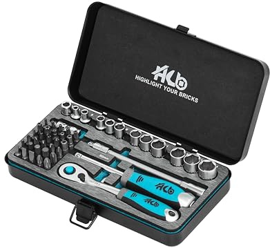 HB 120-Tooth Offset Ratchet Handle 1/4 Inch Drive 47 Piece Socket Set Reversible Quick Release Chrome Vanadium Steel with EVA Metal Storage Case Professional Tools Made in Taiwan AKM019-G