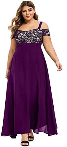 Plus Size Dresses for Women UK Sale Clearance Cold Shoulder Party Evening Clubwear Maxi Dress Elegant Sexy Casual Long Dress Cocktail Lace Floral Hollow Summer Chiffon Dresses Wedding Guest Outfit