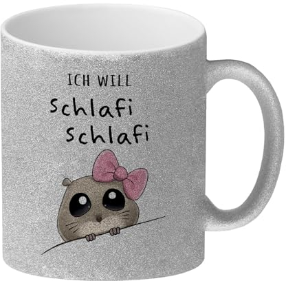 Meme Hamster Glitzer-Kaffeebecher mit Spruch Ich will Schlafi Schlafi Berühmte Traurige Maus mit Kulleraugen Trendiger Hamstertrend Meme-Fans Hamstertasse