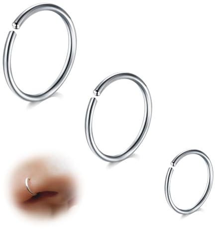 ESHIONER G23 Titan Nasenpiercing Nasenring Hoop Set Knorpel Ringe Dünn Klein Septum Helix Ringe Hypoallergen 20G 6MM/8MM/10MM Silber 3PCS Knorpel Ohrring Nase piercing Schmuck Damen