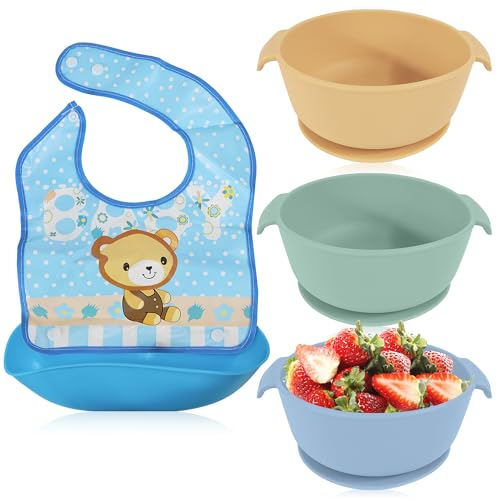Bluet B Baby - Set de 3 Bol Antivuelco Bebe con Ventosa - Tazones de Comida Bebe Antideslizante de Silicona - Incluye Babero Adicional Ideal - Plato Bebe Ventosa BLW - Set de Silicona (Azul)