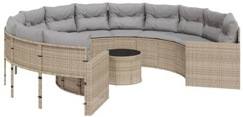 vidaXL Gartensofa mit Tisch und Kissen Rund Beige Poly-Rattan, Terrassensofa, Loungesofa, rundes Sofa, Outdoor Sofa, Loungemöbel, Sofa rund