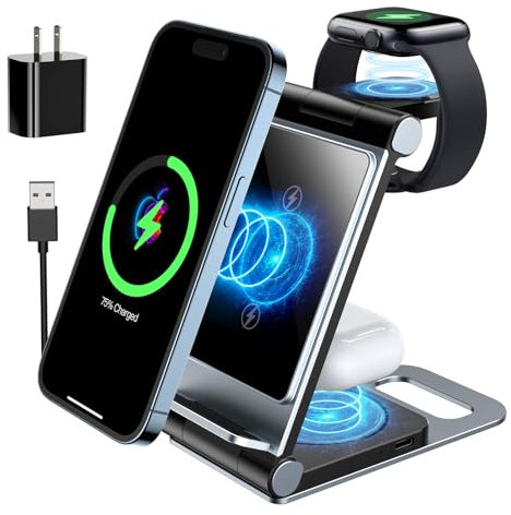 Wireless Charging Station for iPhone Wireless Charger 3 in 1 Charging Station for Apple,Foldable Stand for iPhone 16/15/14/13/12/11,for iWatch 10/9/Ultra/8/SE/7/6/5,for Airpods Pro 3 2 Ink Blue