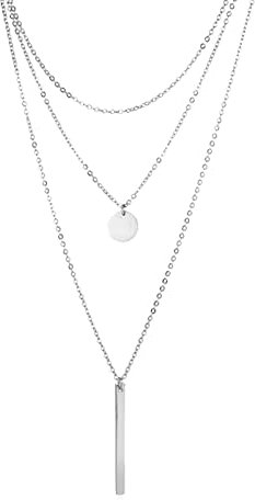 ANAZOZ Collier 3 Rangs, Pendentif Plaque Ronde Barre Gravable, Collier Femme Acier Multirang Fantaisie Personnalisé