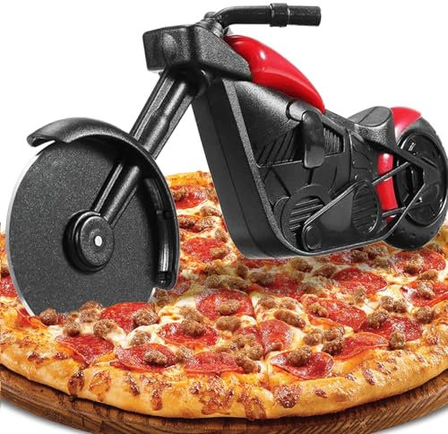 CVNRCLP Motorcycle Pizza Cutter - Unique Motorbike Pizza Wheel Slicer with Super Sharp Stainless Steel Blade and Non-Stick Coating, Creative Kitchen Gadget with Kickstand