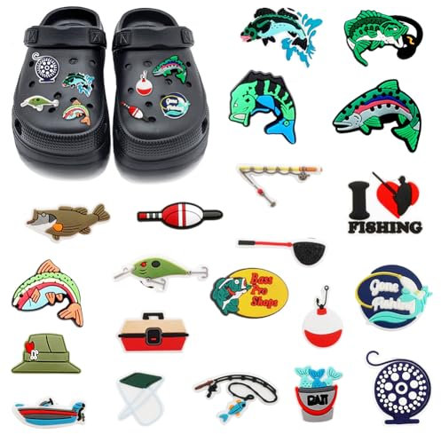HYMBCFW Fishing Schuhe Charme, 21 Stück Schuh Charms Fishing Thema Schuh Dekoration Clogs Sandalen Ornamente DIY Schuhschmuck PVC Schuhanstecker Cartoon Shoe Charms Schuh Geschenke für Kinder