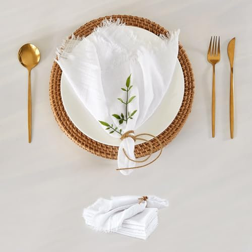 WAITER TREE Stoffservietten 6 Stück weiche Reine Baumwolle mit Fransen atmungsaktiv quadratisch rustikal handgefertigte Servietten für Abendessen Partys Hochzeiten 49 cm * 49 cm Hellweiß