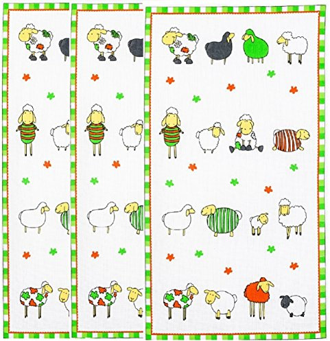 Trendstern Geschirrtücher 3'er Set Baumwolle -Verschiedene Motive- Frösche, Herz, Zwiebelmuster, Marienkäfer, Schafe, Gänse, Cafe - Größe: 45/70 (Schafe)