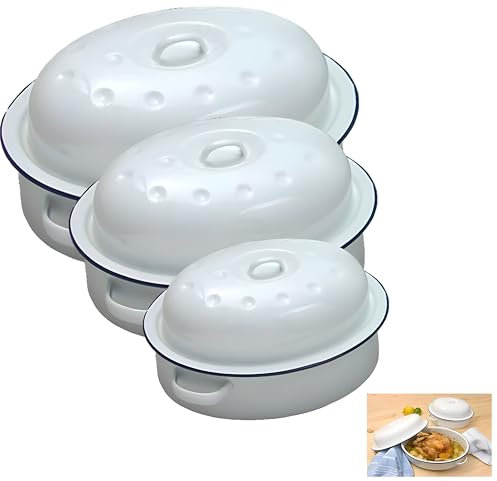 Large Enamel Oval Roasting Dish Pan Self Basting Lid Casserole Baking Tray Tin Serving Roaster White (White, 26cm)