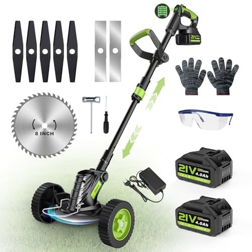 Tagliaerba con batteria, Gisam 8, decespugliatore senza spazzole con batteria da 2 x 4,0 Ah, trimmer giardino con 3 tipi di lame, ruote rimovibili, regolazione telescopica per prato giardino