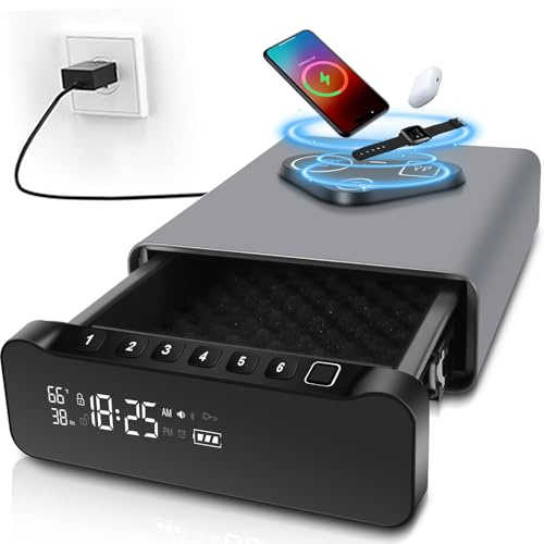 FTOP Caja fuerte biométrica para pistola de huellas dactilares, reloj con carga inalámbrica 3 en 1 para reloj y teléfono, cerradura de cajón para pistolas de mano, dinero en efectivo, objetos de valor