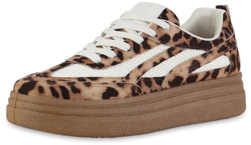 VAN HILL Damen Plateau Sneaker Plateau Basic Bequem Schuhe 216615 Hellbraun Leo 37
