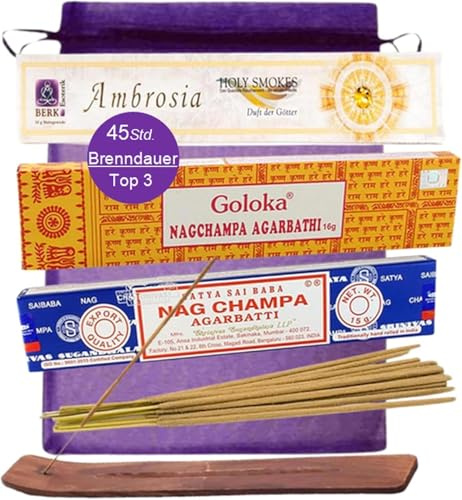 Räucherstäbchen [Top 3] NAG Champa Satya Berk Ambrosia [5-TLG Set] GOLOKA + Halter + Täschchen [mit Räucherstäbchenhalter] 82390-4