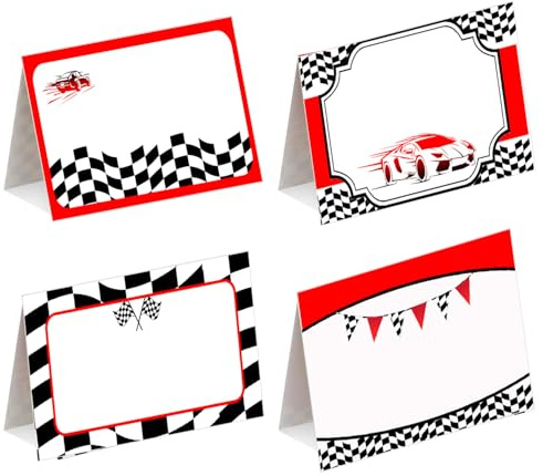 Rennwagen-Lebensmittel-Etiketten, Schilder, 5,1 x 8,9 cm, gefaltete Tischkarten, 48 Stück, blanko, Urlaubs-Namenskarten, Zeltkarte für Geburtstagsparty, Babyparty