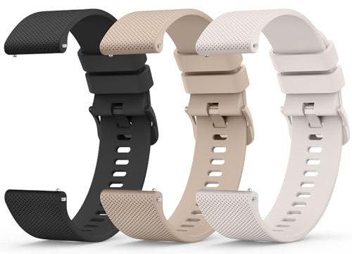 Wanme 3 Pièces 22mm Bracelet de Montre en Silicone, Souple Bracelet de Replacement en Dégagement Rapide avec Boucle en Même Couleur Homme Femme 22mm, Noir/Thé au Lait/Starlight