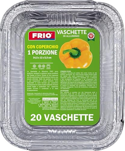 FRIO 20 bandejas de aluminio de una porción con tapa, 1 porción, 14,5 x 12 x 5,5 cm, ideales para Take Away, Catering, asador, horno y congelador, cocina y conservación de alimentos