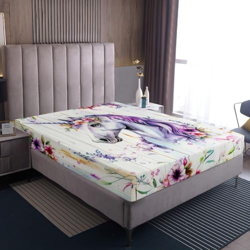 Homewish Einhorn Spannbettlaken 90x200 Mädchen,Niedlich Lila Tiere Spannbetttuch für Mädchen Jungen Jugendliche,Lila Ästhetische Holzbrett Blumen Dekor Bettlaken Moderne Schlafzimmer Dekor Laken