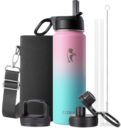 Coolflask Borraccia termica 591 ml in acciaio inox con cannuccia e 3 tappi | Isolamento sottovuoto a triplo parete, senza BPA, conserva freddo per 48 ore e caldo per 24 ore, ideale per palestra e viaggi