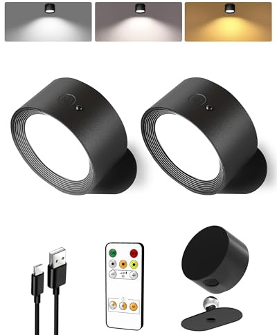 EZVALO LED wandleuchte innen,Wandlampe Kabellos mit Fernbedienung,3 Farbmodi Touch Control and Fernbedienung,360° Drehbar,Dimmbare kabellose Wandlampe für Studium,Schlafzimmer (schwarz, 2 Stöcke)