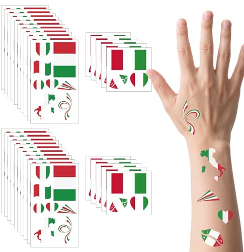 190 pezzi (30 fogli) tatuaggi con bandiera italiana VEINARDYL, tatuaggi temporanei impermeabili con bandiera italiana, tatuaggi per il viso rimovibili con bandiera sportiva per uomini e donne