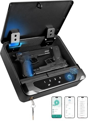 BOOSTEADY Intelligenter biometrischer Waffentresor für Handfeuerwaffen, 4-Wege-Fingerabdruck-Schnellzugriff, Waffenschlossbox für zwei Waffen mit Fingerabdruck-/Digitaltastatur/Schlüssel/App-Funktion