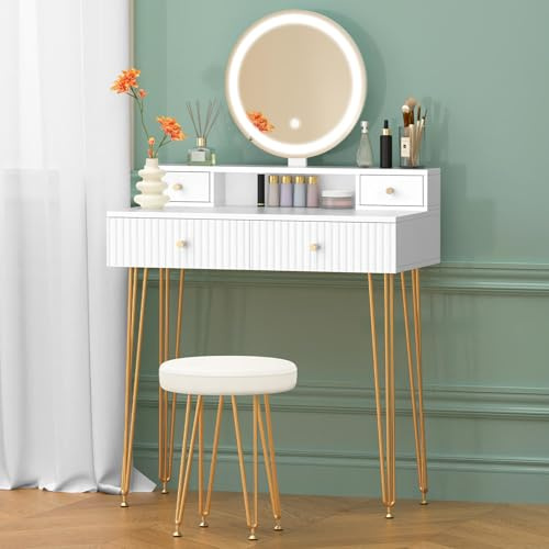 ALFORDSON Schminktisch mit Bleuchtung, Hairpin Beine, LED-Spiegel, Weiß | Makeup Tisch 80Bx40Tx132H cm, 4 Schubladen, 3 Lichtfarben, Dimmbare Helligkeit, Dressing table mit Hocker fürs Schlafzimmer