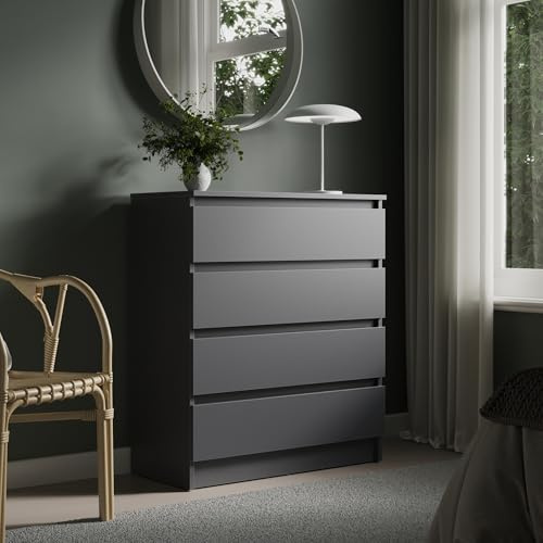 Home Collective Kommode 76cm breit mit 4 Schubladen Kommode Anthrazit schmal Holz Schrank Kommode mit Schubladen Sideboard Highboard Anrichte Schlafzimmer Wohnzimmer Flur Büro Organizer Breite 76 cm