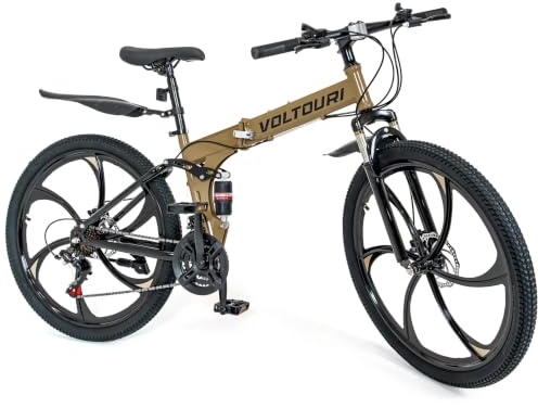 THUNDER Klappbares Mountainbike 26 Zoll, MTB Klapprad mit 21 Gängen, Vollfederung, mechanische Scheibenbremsen, Stahlrahmen, für Erwachsene und Jugendliche (BRAUN)