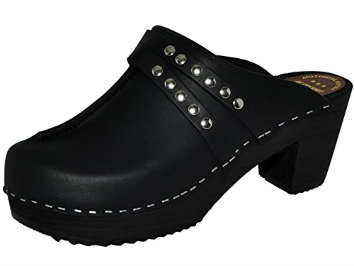 HOLZSCHUHVERSAND Original Schwedische Clogs - mit Nieten schwarz - pflanzlich gegerbtes Leder clgec947s, Größe: 39