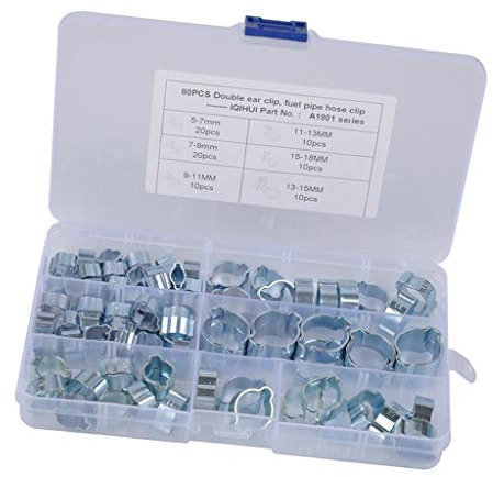 kesoto 80x Stainless Steel Double Ear Hose Clamp Assortment Kit, 5-18mm Crimp Hose Clamp Assortment Kit