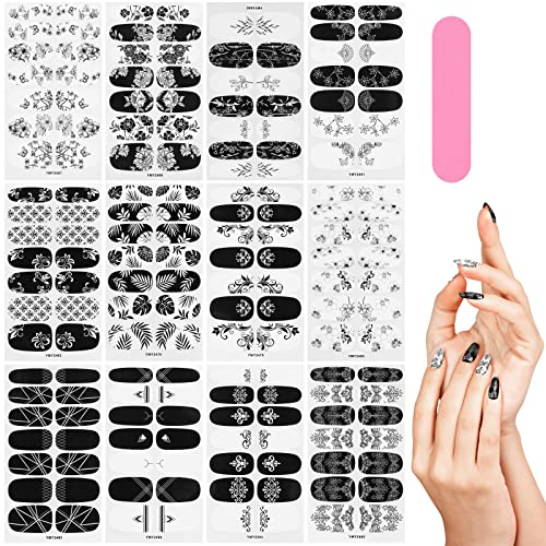 MWOOT 12 Fogli Unghie Adesivi Decalcomanie, Adesivi per Unghie Autoadesivi, Nero Bianco Nail Art Stickers,Copertura Completo Decorazioni Unghie con 1 Lime per Unghie per Fai Da Te Manicure Decorazione