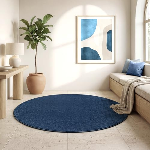 SANAT Kurzflor Teppich Wohnzimmer - Uni Modern Teppiche fürs Schlafzimmer, Arbeitszimmer, Büro, Flur, Kinderzimmer und Küche - Marine, 120 cm Rund