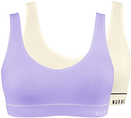 Nur Die 2er Pack Retro Bustier sportlich ohne Bügel bügelloser BH Bra Unterwäsche Damen, Offwhite/Flieder, M