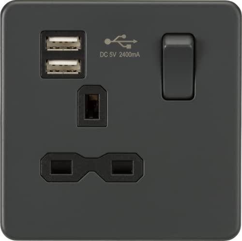 Screwless 13A 1G Switched Socket with Dual USB Charger (2.4A) - Anthracite