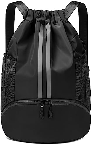 CHEPULA Drawstring Bags Black,PE Bags Drawstring Gym Bag,String Swimming Backpack with Shoe Compartment Suitable for Sports, School, Gym, Travel, Swimming and Holidays