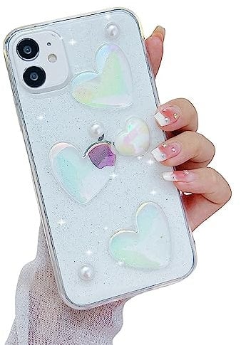 leobray Compatible with iPhone 11 Case for Women Girls,Cute 3D Gradient Hearts Design Crystal Pearl Glitter Bling Case Sparkle Sparkly Slim Soft TPU Protective Clear Cover for iPhone 11