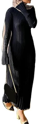 Women Ribbed Knit Maxi Dress Long Sleeve Crew Neck Slim Fit Bodycon Pencil Long Dress Party Clubwear (A-Black, L)