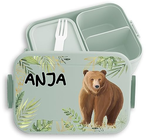Kinder Bento Box Midi Lunchbox für Mepal Bentobox - Bär Bären Bärenmotiv Raubtier Bear - 900 ml - Sage Grün - geschenke einschulung jause brotdose frühstücksdose name frühstücksbox