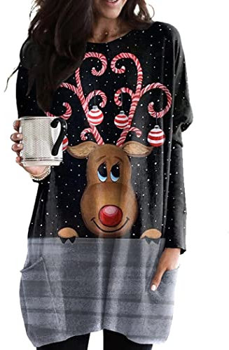 OMZIN Damen Chrismas Sweatshirts Langarm Weihnachten Rentier Xmas Print Casual Pullover Weihnachten Sweatshirt Pullover Schwarzer Elch 3XL