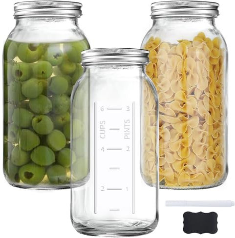 64 OZ Wide Mouth Mason Jars with Lids, Clear Heavy Duty Glass Airtight Storage Canning Jar and Band Half Gallon / 2 Quart Fermenting, Pickling, Storing, Pack of 3