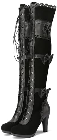 Wavyvigs Frauen Thigh High Vintage Stiefel with Bows Hoher Absatz Schnürung Victorianische Stiefel Over The Knee Schwarz Größenangabe 43