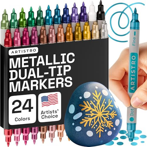 Artistro Metallic Marker Stifte, 24 Dual Tip 1mm + 5mm Metallic Acrylstifte Wasserfest, Acrylmarke für Fotoalbum Gästebuch Hochzeit Scrapbook Schwarzes Papier Holz Glas Steine Bemalen