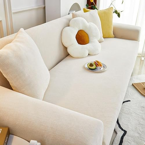 VanderHOME High Stretch Sofabezug Moderne Sofaüberwurf Chenille Strukturierter Elastische Sofahusse für Wohnzimmer Protector für Hunde Haustiere (4 Sitzer+1 Kissenbezug, Beige)