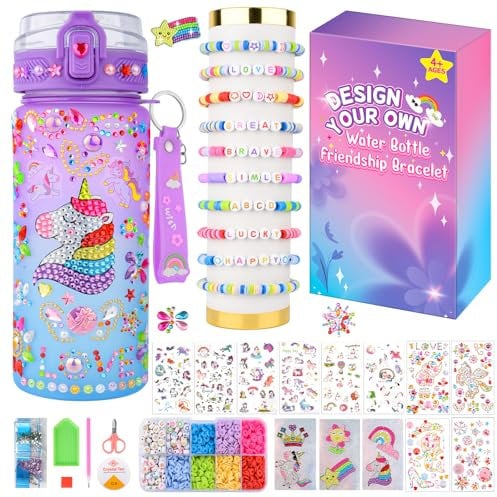 Gifts for Girls 5 6 7 8 9 10 11 Year Old, DIY Water Bottle School Bracelet Making Kit, Decorate Your Own Water Bottle Kids Crafts Kit Gem Unicorn Stickers, Birthday Gifts Presents Toys for Girls 4-12